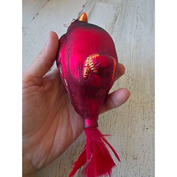 Glass red glitter cardinal feather ornament Xmas tree - Picture 8 of 9